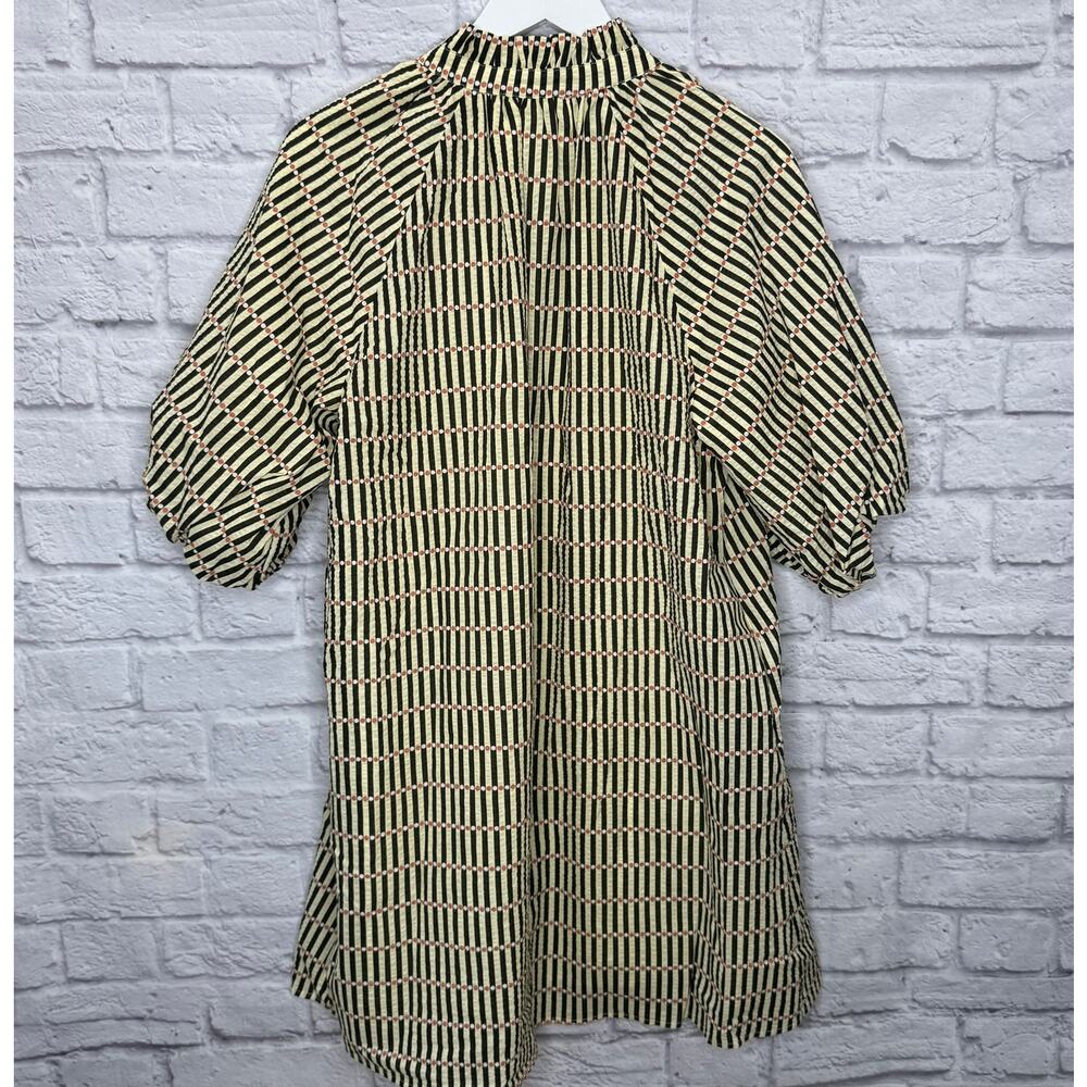 THML Puff Sleeve Stripe Dress Size M Black Yellow Dot Mini Shirt Button Pockets - Picture 8 of 8